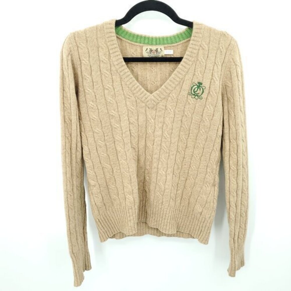 Juicy Couture Wool/Angora Cable Knit V-Neck Sweater M Tan/Green